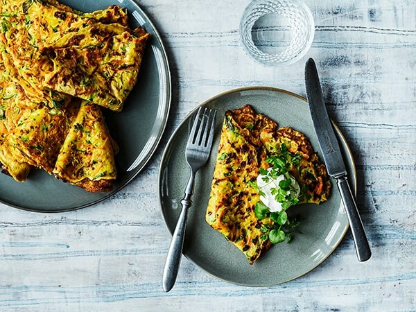 En tallerken med grøntsagspandekager og en klat creme fraiche.