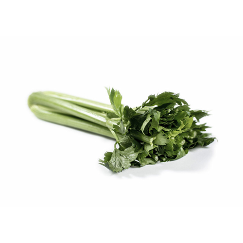 En bunke friske blegselleri på hvid baggrund.