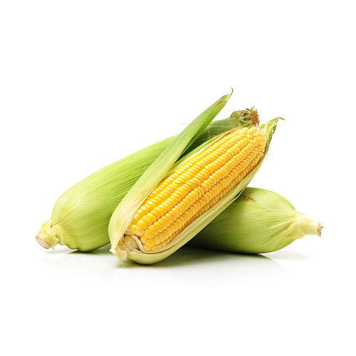 Tre majs med grønne blade, én delvist afsløret kerner