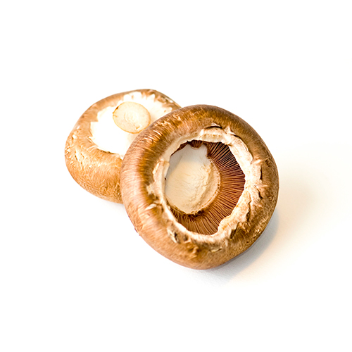 To friske champignons med brun hatset og lameller synlige.