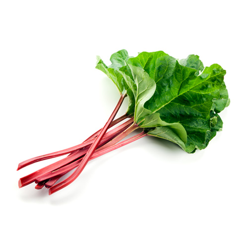 En frisk buket rabarber med røde stængler og grønne blade